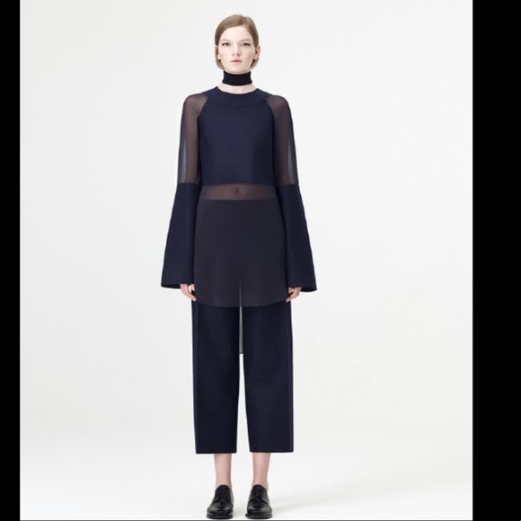 COS Silk Chiffon Top with Bonded Wool Panels in Navy - Picture 4 of 10